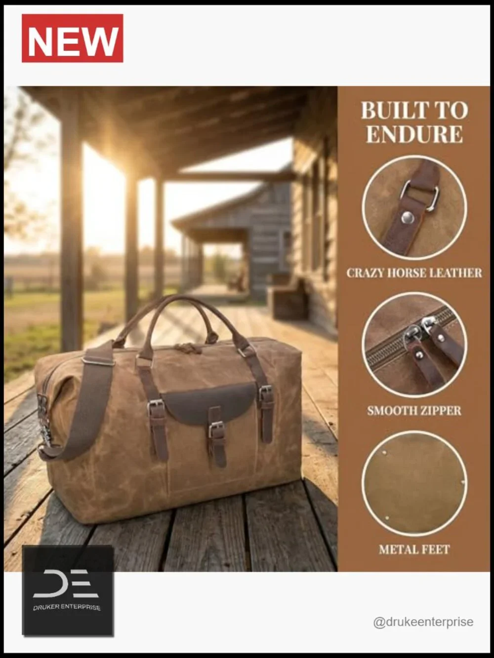 Large Waxed Canvas & Leather Travel Duffel Bag, Carry-on Weekender for Men, 55L